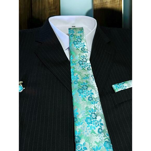 Men’s 3 Piece Tie Set Mint Green Floral Tie Pocket Square Cufflinks 59"x3" - Picture 1 of 5